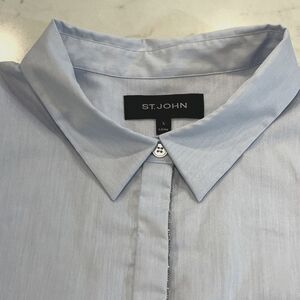 St. John Womens Large Long Sleeve Cotton‎ Button Up Silver Trim Blue Split Cuff